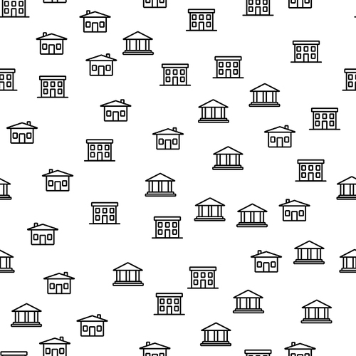 Types Of City Building Seamless Pattern Vector. Living, Double Decker Or Office Building And Government Department Or Court House Monochrome Texture Icons. Template Flat Illustration