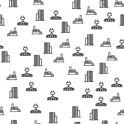 Industrial Construction Seamless Pattern Vector. Factory Or Plant, Company Skyscraper Building And Elevator Industrial Collection Monochrome Texture Icons. Template Flat Illustration
