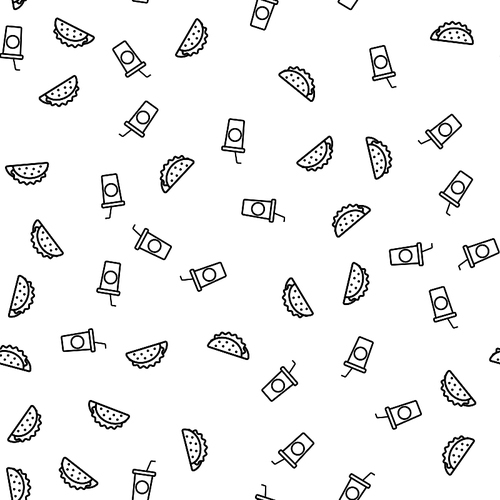 Fast Food And Drink Eating Theme Seamless Pattern. Geometric Vector Unhealthy Food Snacks Black Texture And White Background Repeat Tacos. Outline Art Style Design Concept Flat Vector Illustration