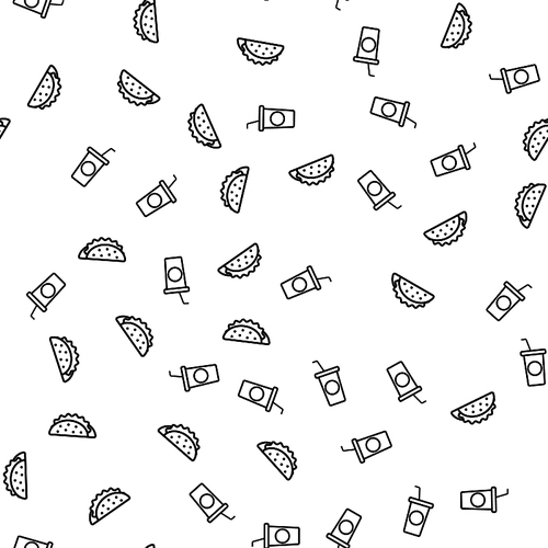 Fast Food And Drink Soda Theme Seamless Pattern. Geometric Vector Unhealthy Restaurant Food Snacks Black Texture And White Background Repeat. Plastic Cup With Ice, Tubule and Bubbles Flat Illustration