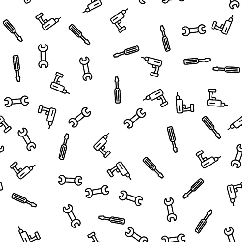 Instrument For Repair Seamless Pattern Vector. Wrench, Screwdriver And Drill For Repair Monochrome Texture Icons. Equipment For Loosening And Tightening Screws And Bolts Template Flat Illustration