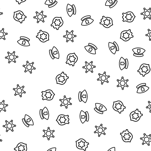 Policeman And Sheriff Item Seamless Pattern Vector. Policeman Hat, Medallion Steel Star And Badge Monochrome Texture Icons. Police Officer Inspector Accessories Template Flat Illustration