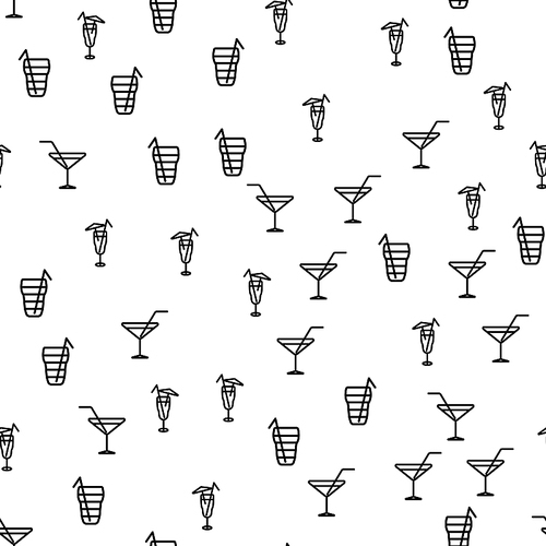 Alcoholic Cocktail Drink Seamless Pattern Vector. Glass Of Beverage, Tropical Cocktail With Straw And Umbrella Monochrome Texture Icons. Collection Mixed Liquid Template Flat Illustration