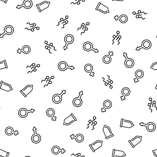 Reproductive Function Seamless Pattern Vector. Male And Female Gender Symbols, Condom And Spermatozoid Reproductive System Monochrome Texture Icons. Medical Contraceptive Template Flat Illustration