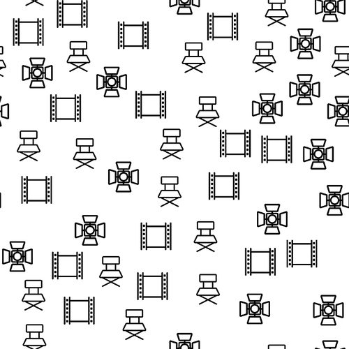 Movie Production Frame Spotlight Seamless Pattern. Film Strip Drawing Icon for Abstract Vector Texture Concept. Director Chair And Projector For Cinematography Industry Symbol Illustration