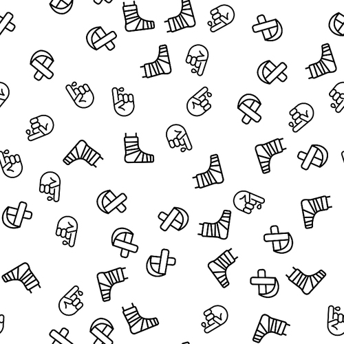 Human Injury And Treatment Seamless Pattern Vector. Bandage, Broken Foot And Cast, Bleeding From Finger Or Blood Test Treatment Monochrome Texture Icons. Healthcare Template Flat Illustration