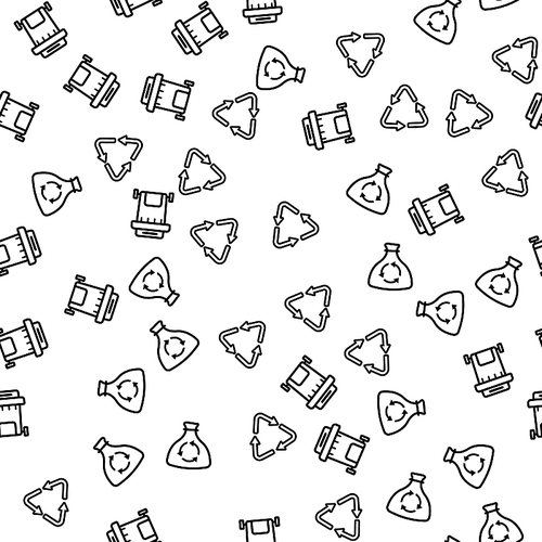 Waste Process Recycling Seamless Pattern Vector. Symbol Of Conversion, Bag With Trash And Dumpster Container Garbage Recycling Monochrome Texture Icons. Care Environment Template Flat Illustration