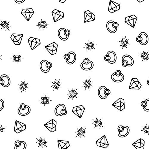 Golden Expensive Jewellery Seamless Pattern Vector. Ring, Diamond And Facet Gemstone Jewellery Monochrome Texture Icons. Engagement, Wedding Or Anniversary Presents Template Flat Illustration