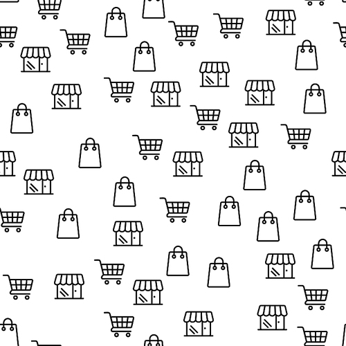 Online Shop Offer Large Discounts Seamless Pattern. Cart With Packaged Goods. Supermarket Business Industry. Customer In Mall Boutique. Interest Online Retail Sale Flat Vector Illustration