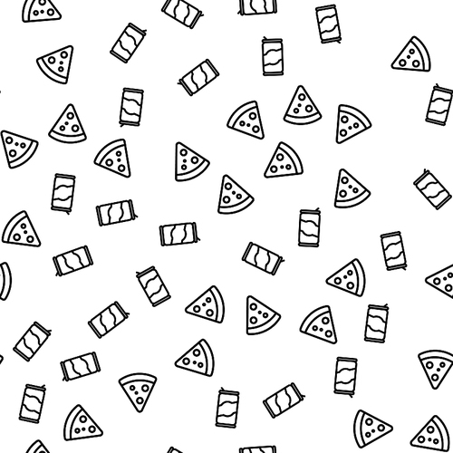 Traditional Food Pizza Pepperoni Seamless Pattern. Breakfast Delicious Ingredient Cheese, Salami, Tomato, Meat, Mozzarella Fast Hot Box. Glass With Soda, Ice, And Bubbles Flat Vector Illustration