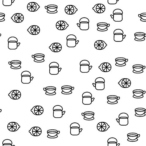 Tea Time Crockery Elements Seamless Pattern Vector. Teapot, Cup For Tea Or Demitasse And Lemon Collection Icon. Breakfast Or Lunch Kettle And Kitchen Utensil Template Flat Illustration