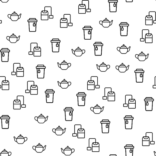 Product Of Natural Tea Seamless Pattern Vector. Cup With Hot Ceylon Tea, Leaf And Teabag With Label Monochrome Texture Icons. Aroma Morning Teatime Drink Template Flat Illustration