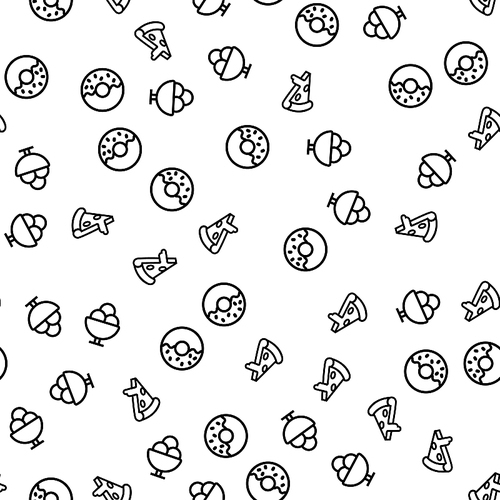 Restaurant Fast Food Menu Seamless Pattern Vector. Cup With Ice Cream, Doughnut And Piece Of Pizza Food Monochrome Texture Icons. Delicious Meal And Desserts Template Flat Illustration