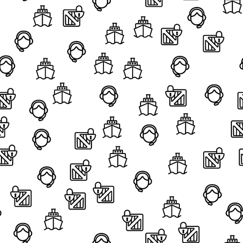 Shipping Safe Delivery Seamless Pattern Vector. Ship, Woman Dispatcher And Closed Container Cheapest Cargo Delivery Customer Service Monochrome Texture Icons. Template Flat Illustration
