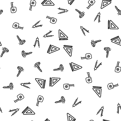 Engineering Instruments Seamless Pattern Vector. Caliper, Compass, Ruler With Pencil And Tape Measure Engineering Tools And Devices Monochrome Texture Icons. Template Flat Illustration