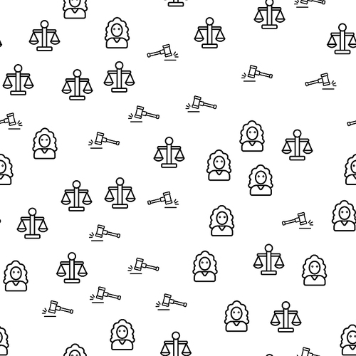 Justice In Courthouse Seamless Pattern Vector. Courthouse And Judge, Gavel Or Hammer, Judicial Scales And Law Monochrome Texture Icons. Constitution Court Template Flat Illustration