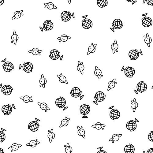Geography And Astronomy Seamless Pattern Vector. Geography Earth Globe And Planet Saturn Monochrome Texture Icons. Cartography, Universe And Metagalaxy Lesson Template Flat Illustration