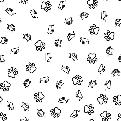 Funny Cat Animal Life Seamless Pattern Vector. Cute Pet Kitten Silhouette, Animal Paw Trace Or Footstep And Mechanic Mouse Toy Monochrome Texture Icons. Veterinary Nursery Template Flat Illustration
