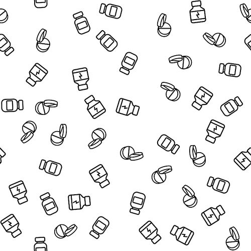 Pharmaceutical Medicament Seamless Pattern Vector. Pharmaceutical Drugs, Bottle With Pills And Medical Liquid Monochrome Texture Icons. Healthy Container Template Flat Illustration