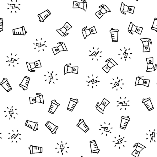 Vegetarian Energetic Drink Seamless Pattern Vector. Bottle Shaker, Blender And Electricity For Make Morning Drink Monochrome Texture Icons. Detox And Healthy Eating Template Flat Illustration