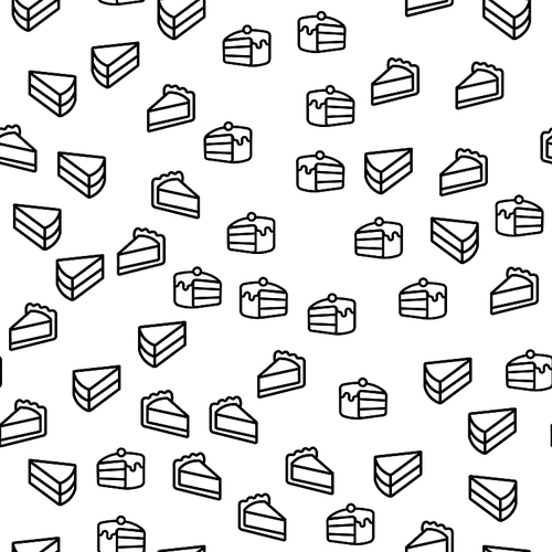Piece Of Sweet Dessert Seamless Pattern Vector. Piece Of Biscuit With Cherry On Top, Cheesecake And Creamy Cake Monochrome Texture Icons. Confectionery Menu Of Cafeteria Template Flat Illustration