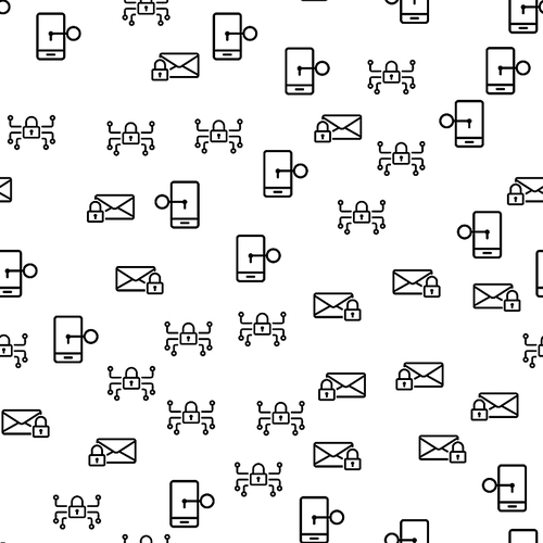 Security Mobile System Seamless Pattern Vector. Smartphone, Letter, Security Center And Lock With Key Monochrome Texture Icons. Protection Of Personal Information Template Flat Illustration