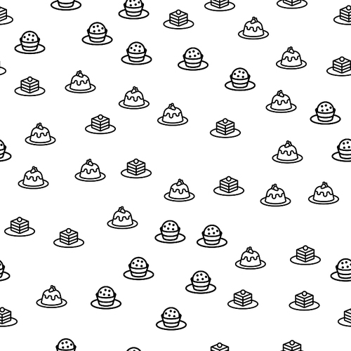 Delicious Sweet Breakfast Seamless Pattern Vector. Dulcet Muffin, Creamy Piece Of Cake With Cherry And Strawberry On Top For Breakfast Monochrome Texture Icons. Template Flat Illustration
