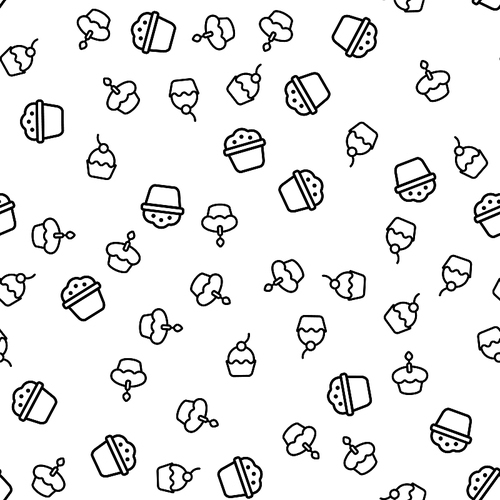Variety Delicious Muffins Seamless Pattern Vector. Muffins With Poppy Seed Or Chocolate Chips, Cherry And With Candle On Top Monochrome Texture Icons. Different Cupcakes Template Flat Illustration