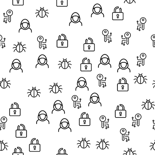 Cyber Hacker Activity Seamless Pattern Vector. Hacker, Bug, Open Lock And Key Monochrome Texture Icons. Computer System Virus Attack And Password Cracking Template Flat Illustration