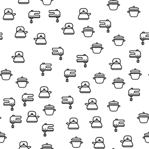 Kitchen Cooking Equipment Seamless Pattern Vector. Teapot, Saucepan With Lid And Electric Mixer Kitchen Techinque Monochrome Texture Icons. Collection Of Utensils Template Flat Illustration