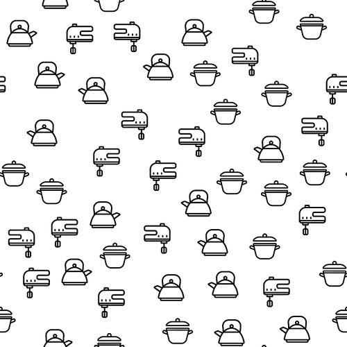 Kitchen Cooking Equipment Seamless Pattern Vector. Teapot, Saucepan With Lid And Electric Mixer Kitchen Techinque Monochrome Texture Icons. Collection Of Utensils Template Flat Illustration