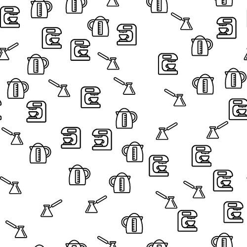 Coffee Brewing Method Seamless Pattern Vector. Coffee Machine, Electric Teapot And Turk Barista Equipment For Aroma Espresso And Capuccino Monochrome Texture Icons. Template Flat Illustration