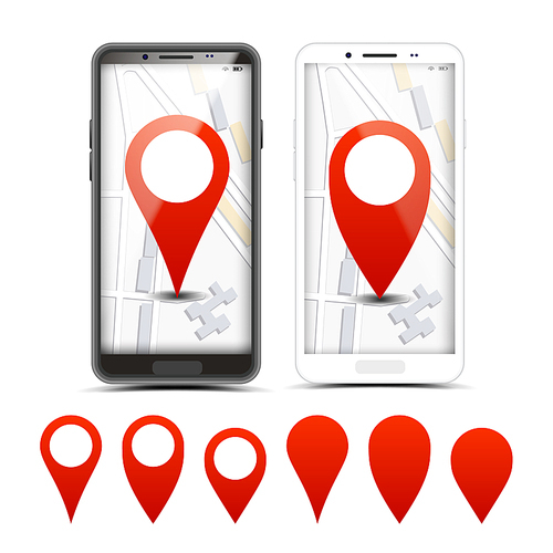 GPS Navigator Red Pointers, Vector Markers Set. City Map Pointer, Pinpoint On Smartphone Screen. Location, Destination. Route, Path Finding. Delivery, Shipping Services Realistic Illustration