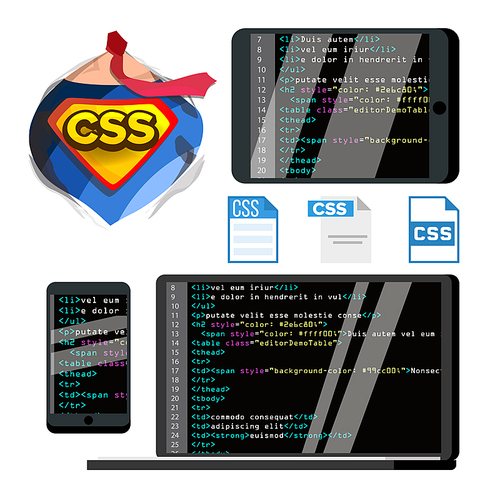 CSS Programming Language Vector Flat Illustrations Set. CSS Coding Isolated Cliparts Pack. Console Codes On Computer, Smartphone Screens. Programmer, Coder Occupation. App, Website Development