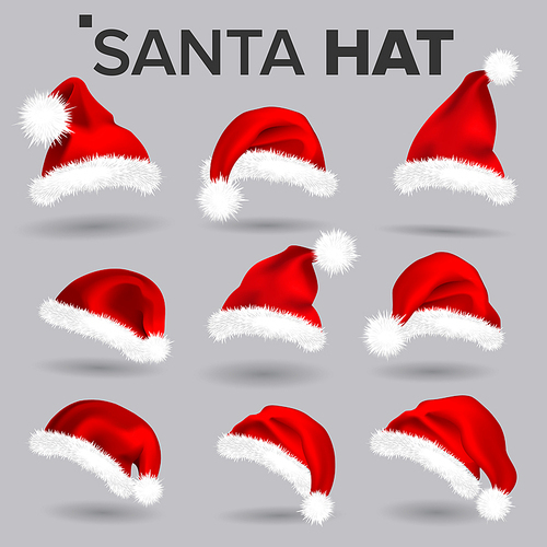 Santa Hat Set Vector. Santa Claus Holiday Red And White Cap Colllection. Winter Christmas Design. Realistic Illustration