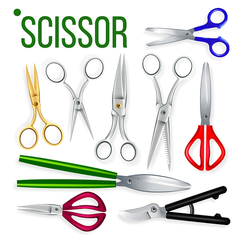 Scissor Set Vector. Metal Craft Object. Cut Tool. Paper, Garden, Hairdresser Symbol. Steel Scissor Cutter Equipment. Realistic illustration