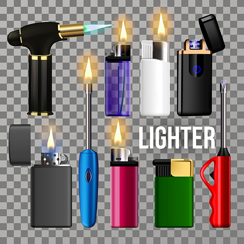 Lighter Set Vector. Fire Object Blank. Corporate Light Accessory. Ignite Item. Cigarette Gas Plastic Lighter. Fuel. 3D Realistic illustration