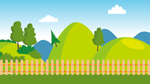 Backyard, Wooden Fence, Cartoon Lawn Vector. Backyard Scenery, Scenic Landscape, Countryside Recreation, Scene With Trees. Green Hills, Natural Environment. Valley Flat Illustration