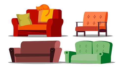 Cozy Sofa, Divan, Cushioned Furniture Vector Set. Cartoon Divan, Couch. Living Room, Office, Store Isolated Design Elements. House, Apartment Interior Decoration Objects Flat Illustrations