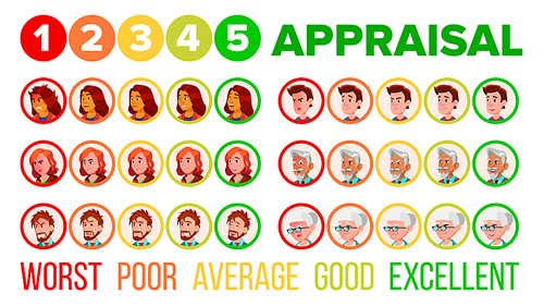 Five Steps Mood Appraisal Vector Icons Set. User Satisfaction Appraisal System, Service Quality Evaluation, Ranking. Worst, Poor, Average, Good, Excellent Rating. User Feedback Flat Illustration