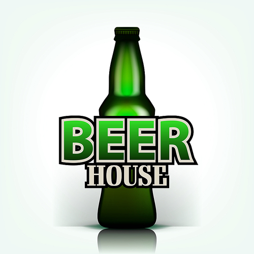 Draft Beer Vector. Draft Beer House Flyer Design Element. Green Bottle. Pub Promotion. Illustration