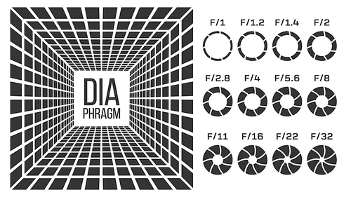 Diaphragm, Lens Aperture Vector Monochrome Banner Template. Diaphragms With F Numbers Icons Set. Camera Shutter Isolated Cliparts Pack. Photography Equipment Focusing 3D Realistic Illustration
