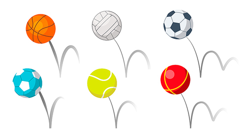 Bounce Balls Sport Playing Equipment Set Vector. Basketball And Soccer Or Football, Volleyball And Tennis Game Accessories Bounce With Trajectory Grey Line. Colorful Flat Cartoon Illustration