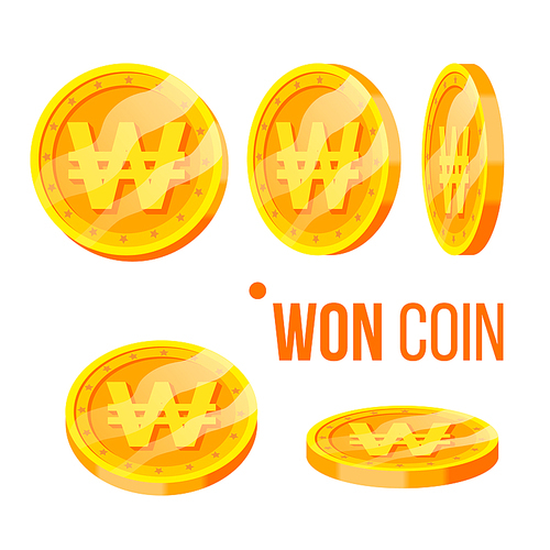 Won Coin Gambling Golden Money Currency Set Vector. Round Yellow Coin Easy Earn In Online Internet Casino, Lottery And Bingo Game. Finance Wealth And Payment Flat Cartoon Illustration