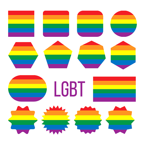 Lgbt Pride Flag Collection Figure Icons Set Vector. Red And Orange, Yellow And Green, Blue And Purple Color Rainbow Flag Symbol Of Lesbian, Gay, Bisexual And Transgenders. Flat Cartoon Illustration