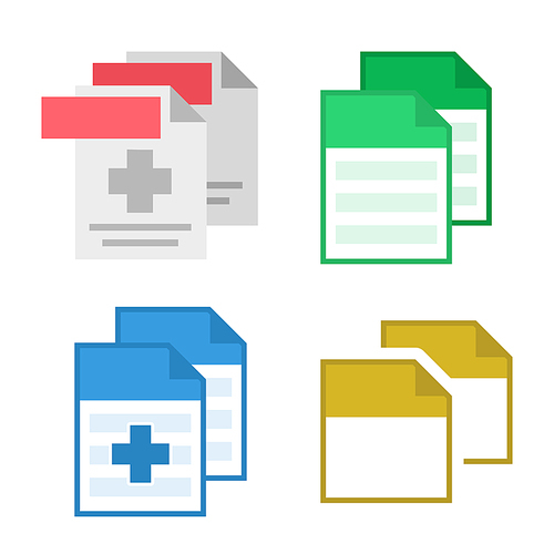 Collection Blank File Document Icon Set Vector. Design Patient Medical Text And Prescription Or Report File With Hospital Cross, Paper Page And Sticker. Colorful Concept Flat Illustration