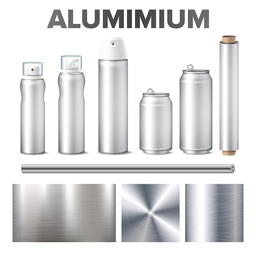 Aluminium And Product Made From Metal Stuff Vector. Aluminium Blank Beer Or Soda Glossy Bottle, Aerosol Spray, Foil And Circular Brushed Steel Material Texture. Realistic 3d Illustration