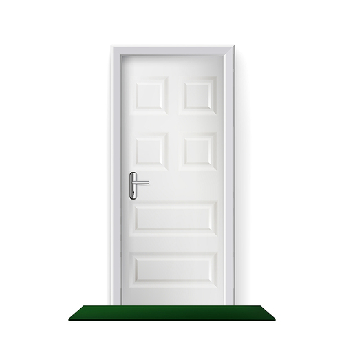 Building Entrance Door And Mat On Floor Vector. Design Inside Or Outdoor Modern Classical White Wooden Door With Handle And Lock. Interior And Exterior Element Realistic 3d Illustration