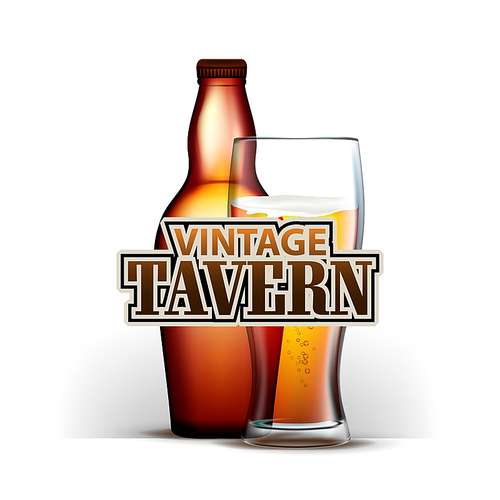 Bottle And Glass Of Beer Vintage Tavern Vector. Full Cup And Glassware Of Frothy Alcoholic Drink On Advertising Banner Poster Of Retro Tavern Pub. Beverage Realistic 3d Illustration