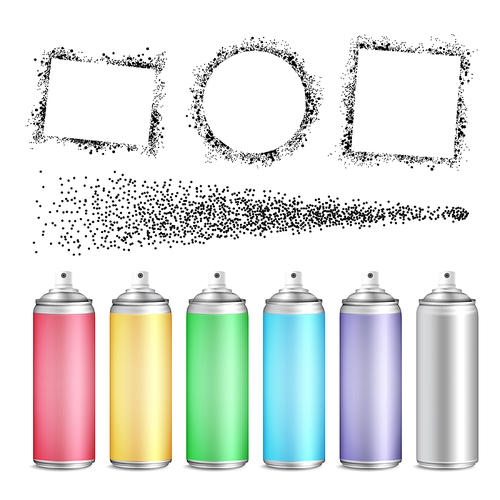 Multicolored Blank Bottle Of Aerosol Set Vector. Different Collection Of Frame Paint By Aerosol, Explosion Splash Sprayer Flow And Different Color Aluminium Container. Realistic 3d Illustration